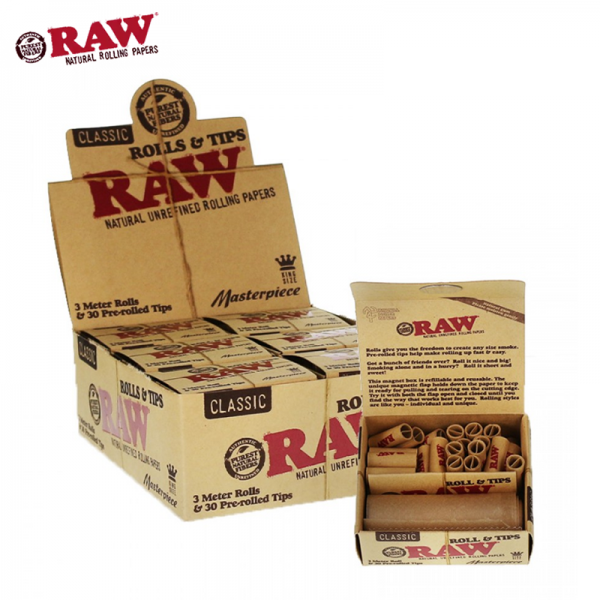 RAW CLASSIC MASTERPIECE KING SIZE 3 METER ROLL AND TIPS 12CT/PK