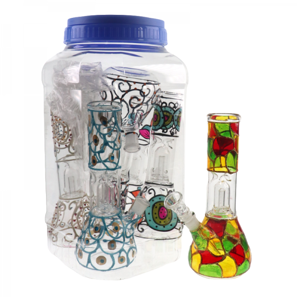 8 IN FANCY MIX COLORED DESIGN PERC GLASS WATER PIPE 6CT/JAR