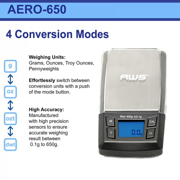 AWS AERO 650 X 0.1G DIGITAL POCKET SCALE